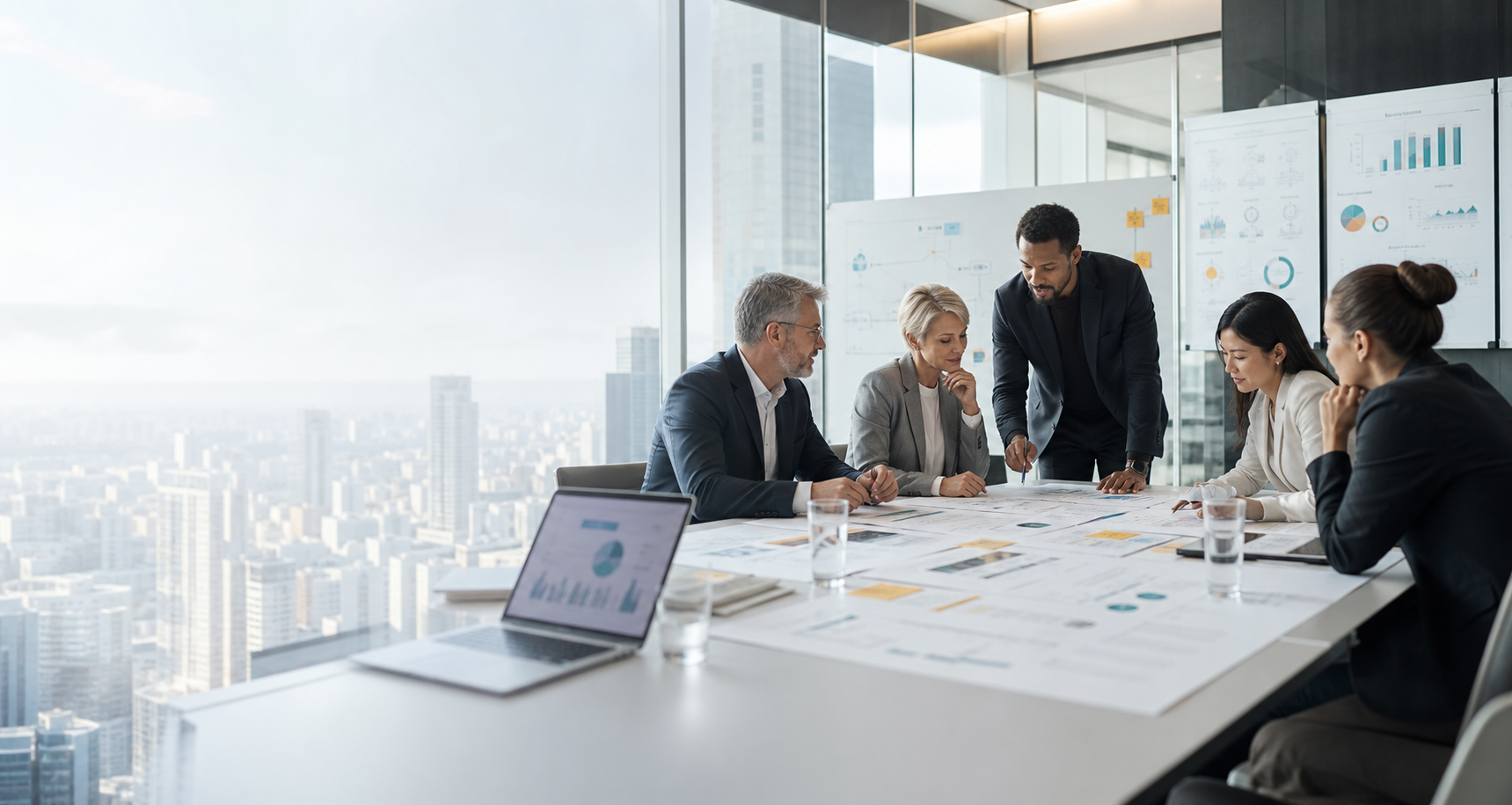Consultants and business leaders collaborating in a strategy workshop